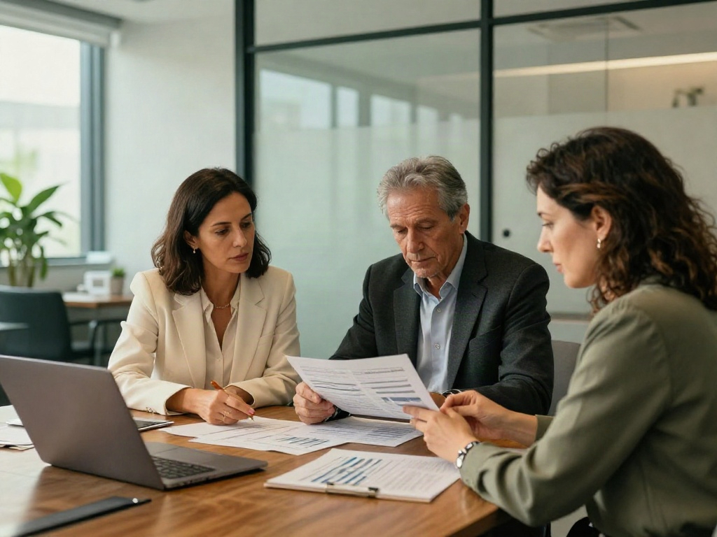 Three business professionals working together to review analytics and strategic priorities