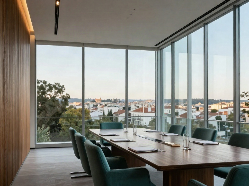 A light-filled executive boardroom with a walnut meeting table and teal chairs